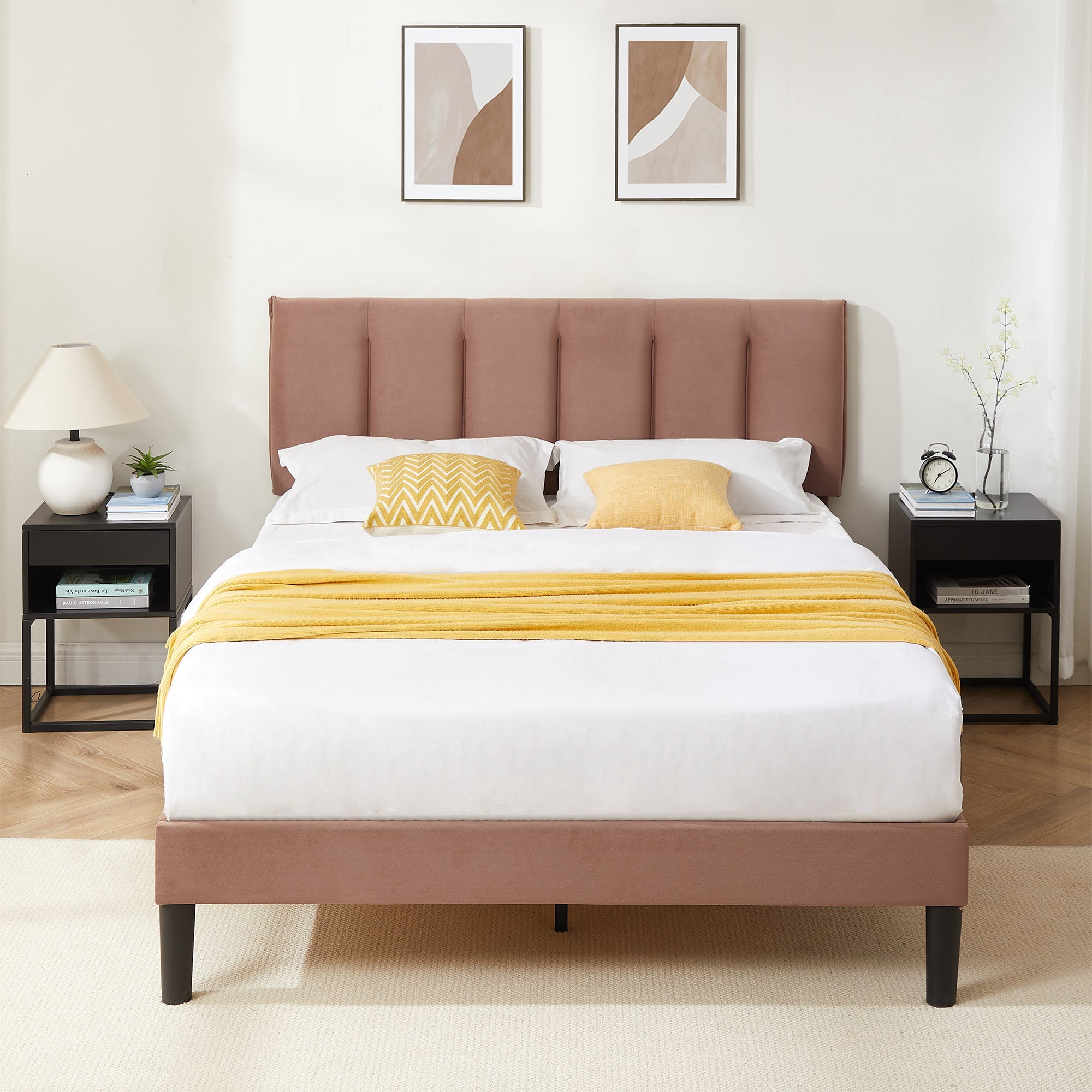 VECELO Full Size Platform Bed Frame, Velvet Upholstered Bed Frame with Adjustable Headboard, No Box Spring Needed, Easy Assembly, Coffee