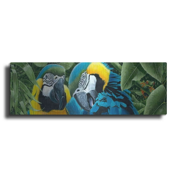 Luxe Metal Art 'Blue & Yellow Macaws' by Durwood Coffey, Metal Wall Art, 48"x16"