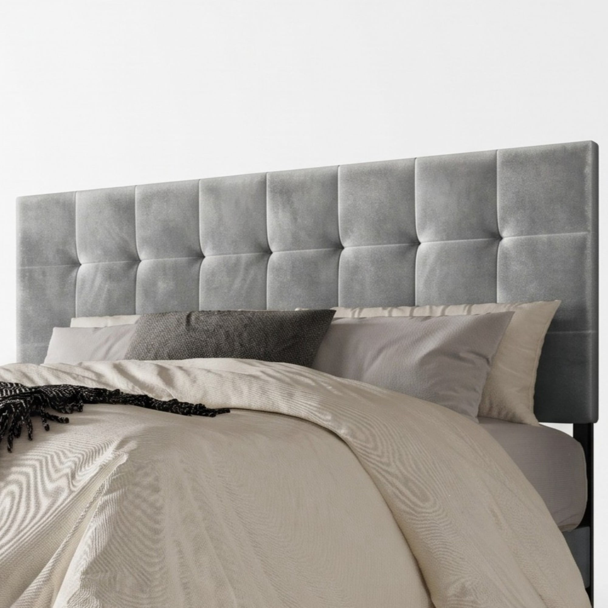 Home Design Marion Full Tufted Upholstered Platform Bed Frame with Tufted Headboard and Plush Padding, Silver Gray, Easy Assembly