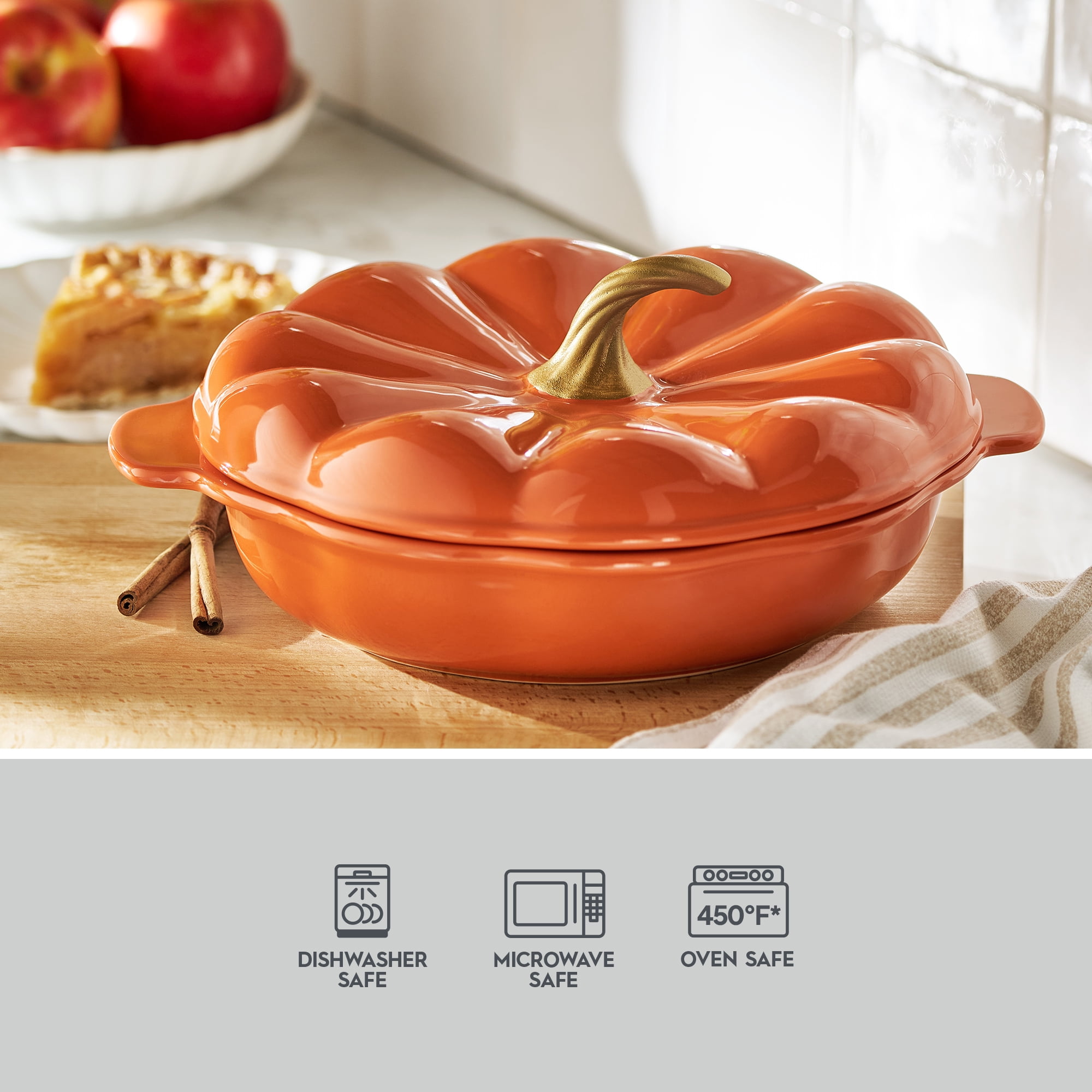 The Pioneer Woman 10-Inch Orange Stoneware Pumpkin Pie Dish with Lid