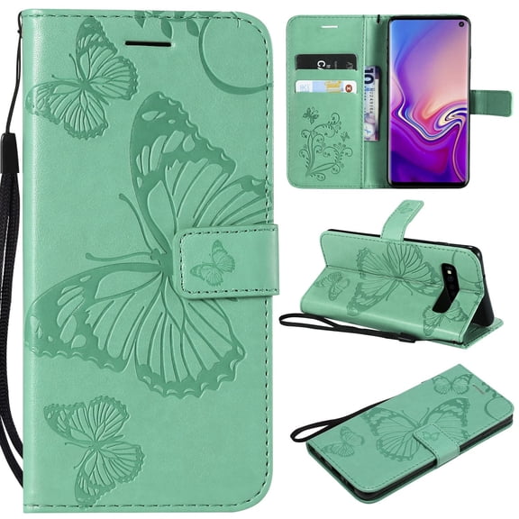 S10 Case, Samsung Galaxy S10 Case - Allytech Premium Wallet PU Leather with Fashion Embossed Floral Butterfly Magnetic Clasp Card Holders Flip Cover with Hand Strap, Green
