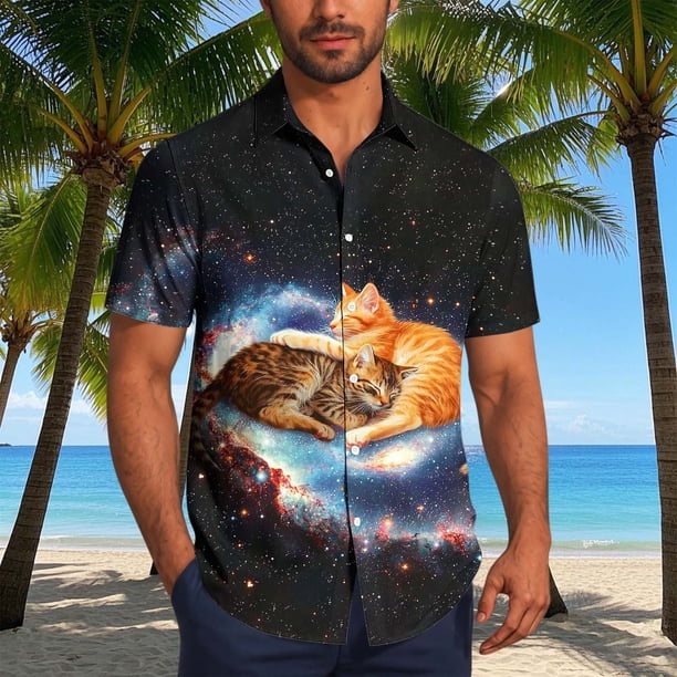 Blusa y camisa de manga corta con cuello vuelto para hombre, blusa informal de moda con botones estampados, blusa de manga corta con cuello vuelto, blusa de poliéster para hombre