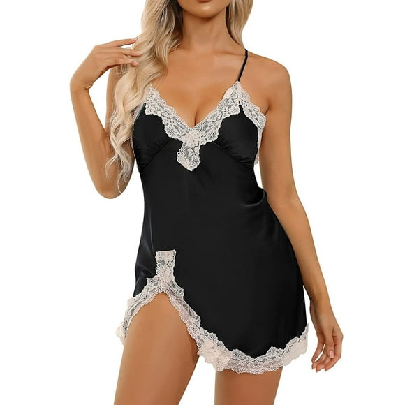 Charmo Women Satin Nightgown Lace V-Neck Slip Sleepwear Nightdress with Bra Lingerie