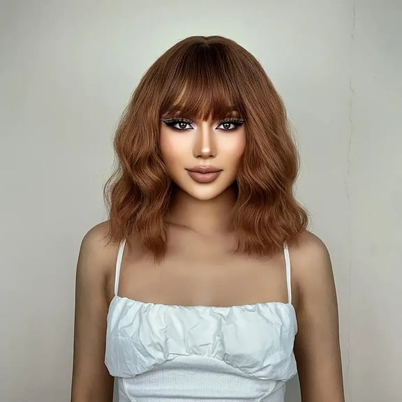 BERON Chocolate Brown Wig Short Curly Wavy Bob Wig With Bangs for Women Natural Looking Synthetic Heat Resistant Fiber Wig for Daily Party Use