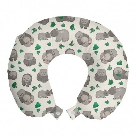 Animal Travel Pillow Neck Rest, Continuous Funny and Baby Wombats with Leafy Plants, Memory Foam Traveling Accessory Airplane and Car, 12", Ivory Tan, by Ambesonne