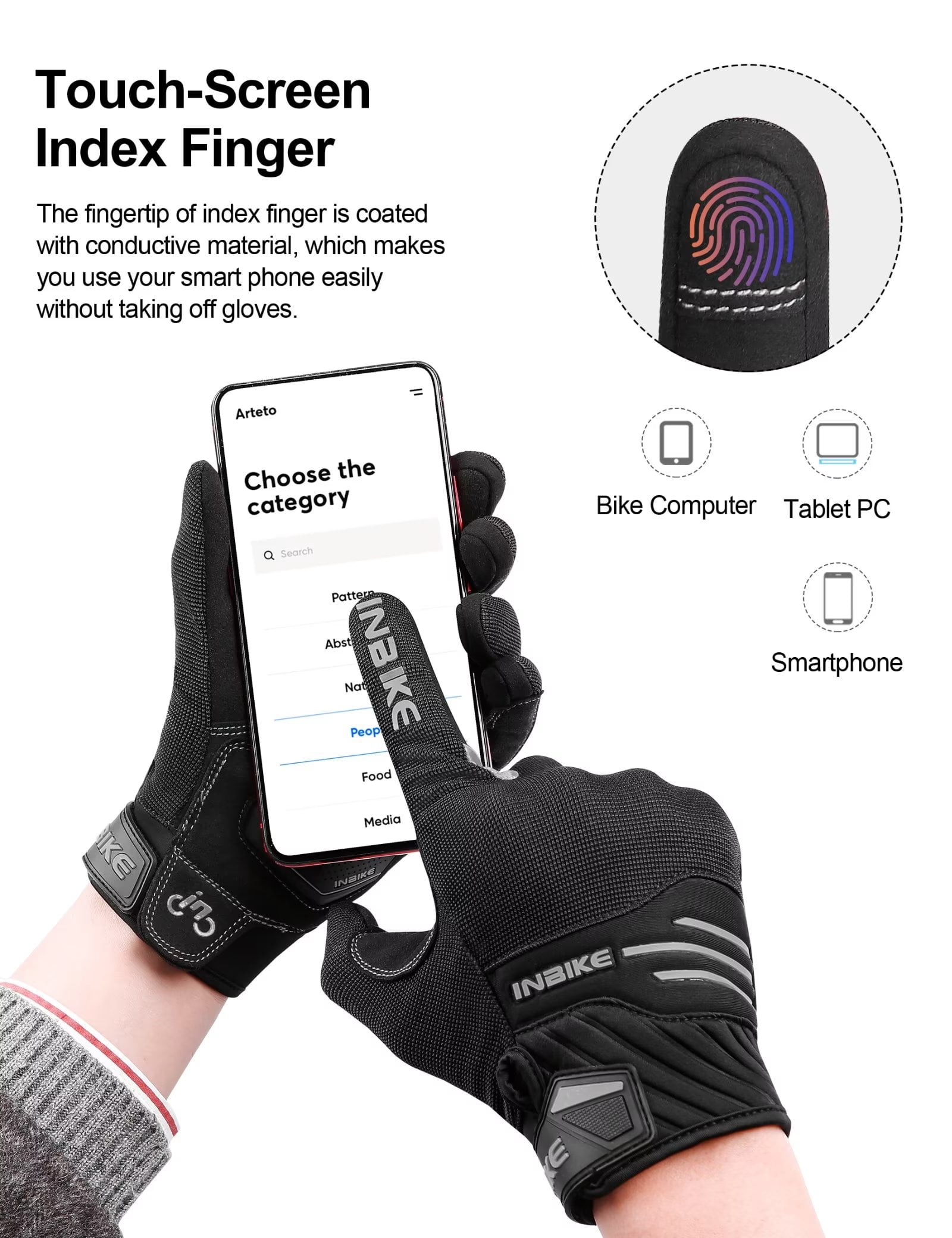 INBIKE Motorcycle Gloves MTB Touchscreen with Thicken Padded & TPR Knuckle Protection Road Bike Gloves Black X-Large