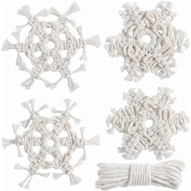 Kit de macramé DIY de 4 juegos, adornos navideños de macramé, copos de nieve de macramé, llaveros de macramé de invierno con instrucciones, kits de macramé