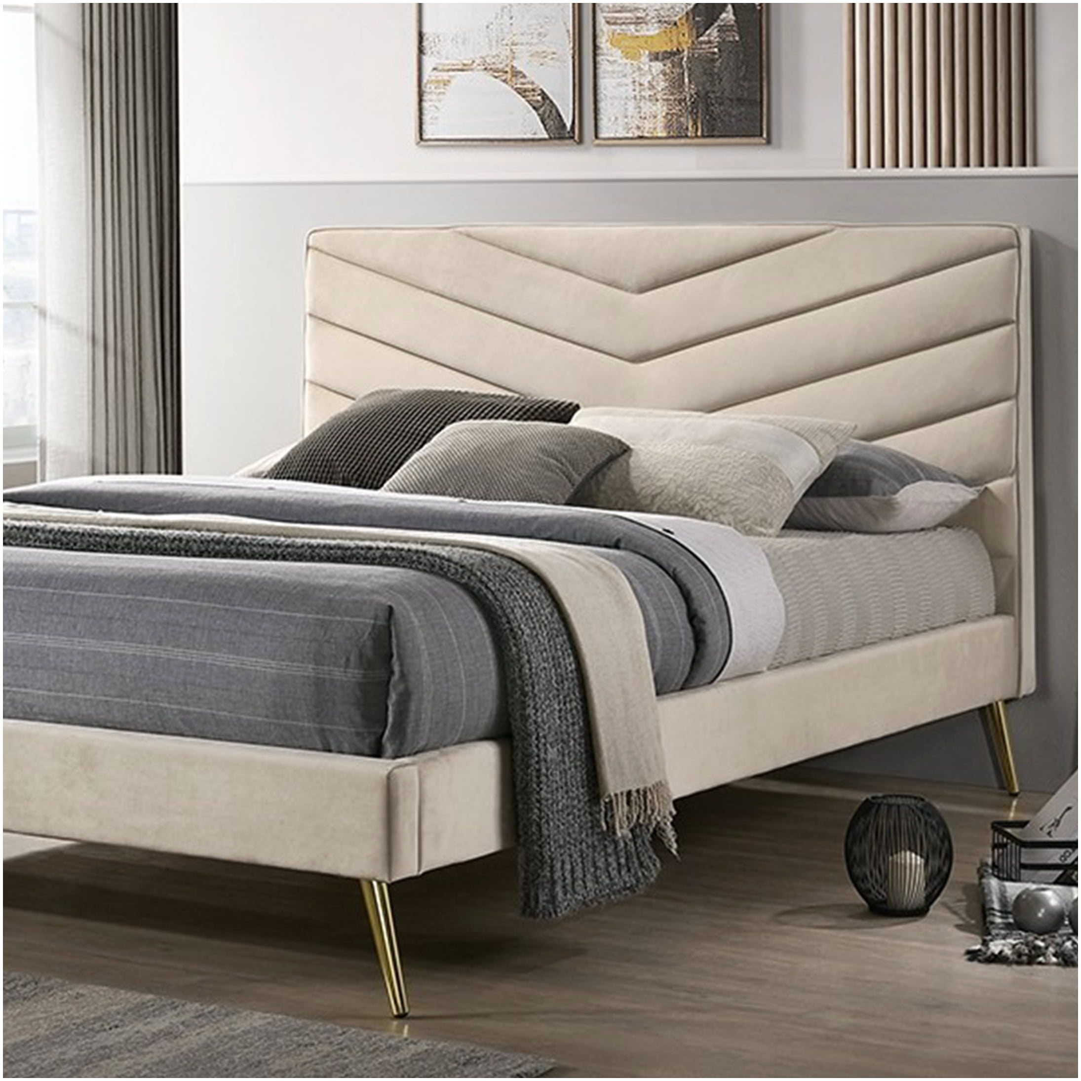 Mid-Century Modern Queen Bed Frame with Tufted Chevron Headboard, Upholstered in Beige with Gold Metal Legs
