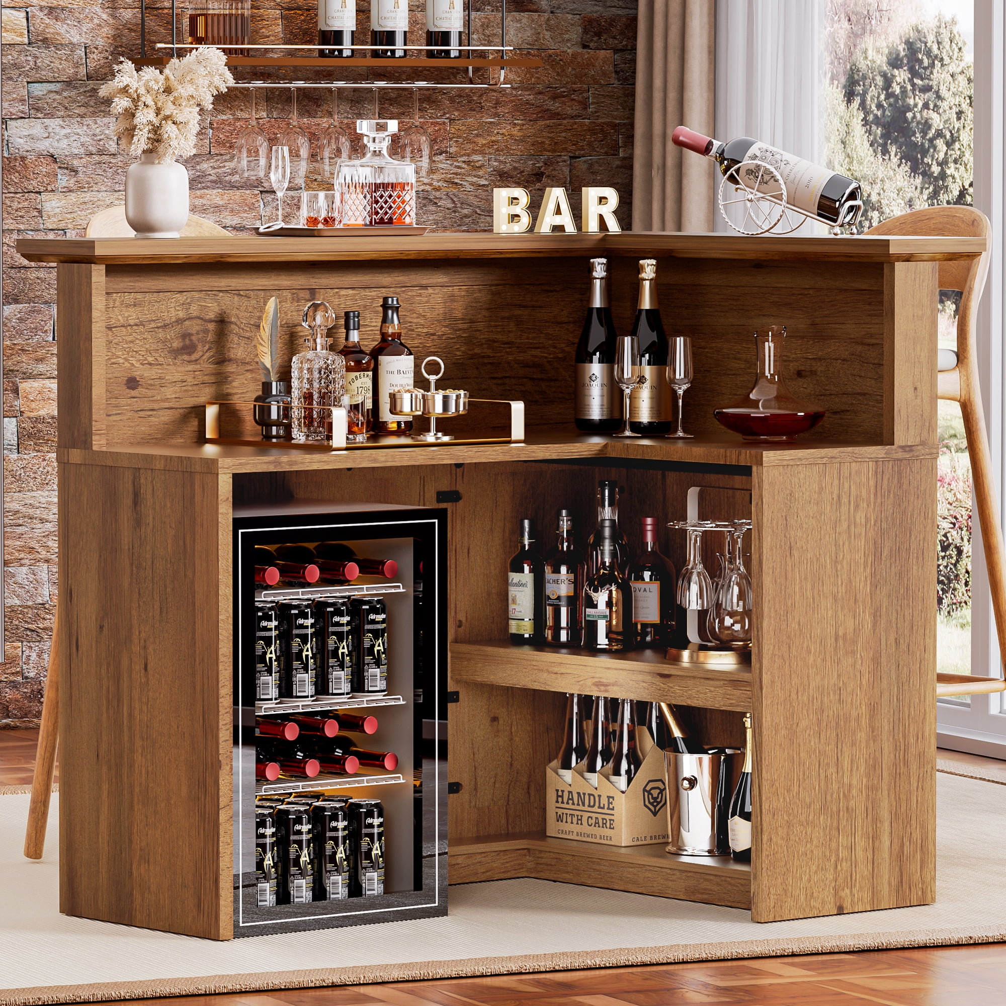 HARIPUL L-Shaped Home Bar Unit, 4-Tier Corner Bar Cabinet with Large Storage Space, Liquor Wine Cabinet & Reception Desk for Home Pub, 37.52"D x 52.44"W x 43.94"H, Wood