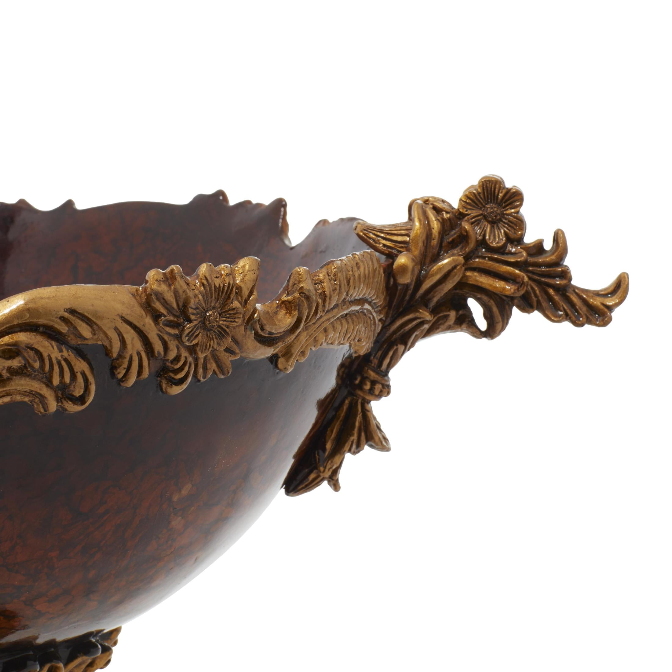 DecMode 14" Oval Intricately Carved Arabesque Leaf Gold Polystone Decorative Bowl