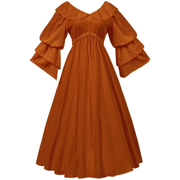 Homenesgenics Fall Dresses for Women Plus Size Fashion Women Solid Color Style Doll Collar Long Sleeves Corset Dress Long Dress Wench Dress Orange L