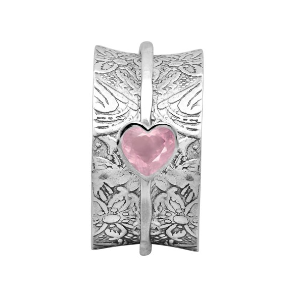 5MM Heart Rose Quartz 925 Silver Single Band Meditation Men Women Spinner Ring