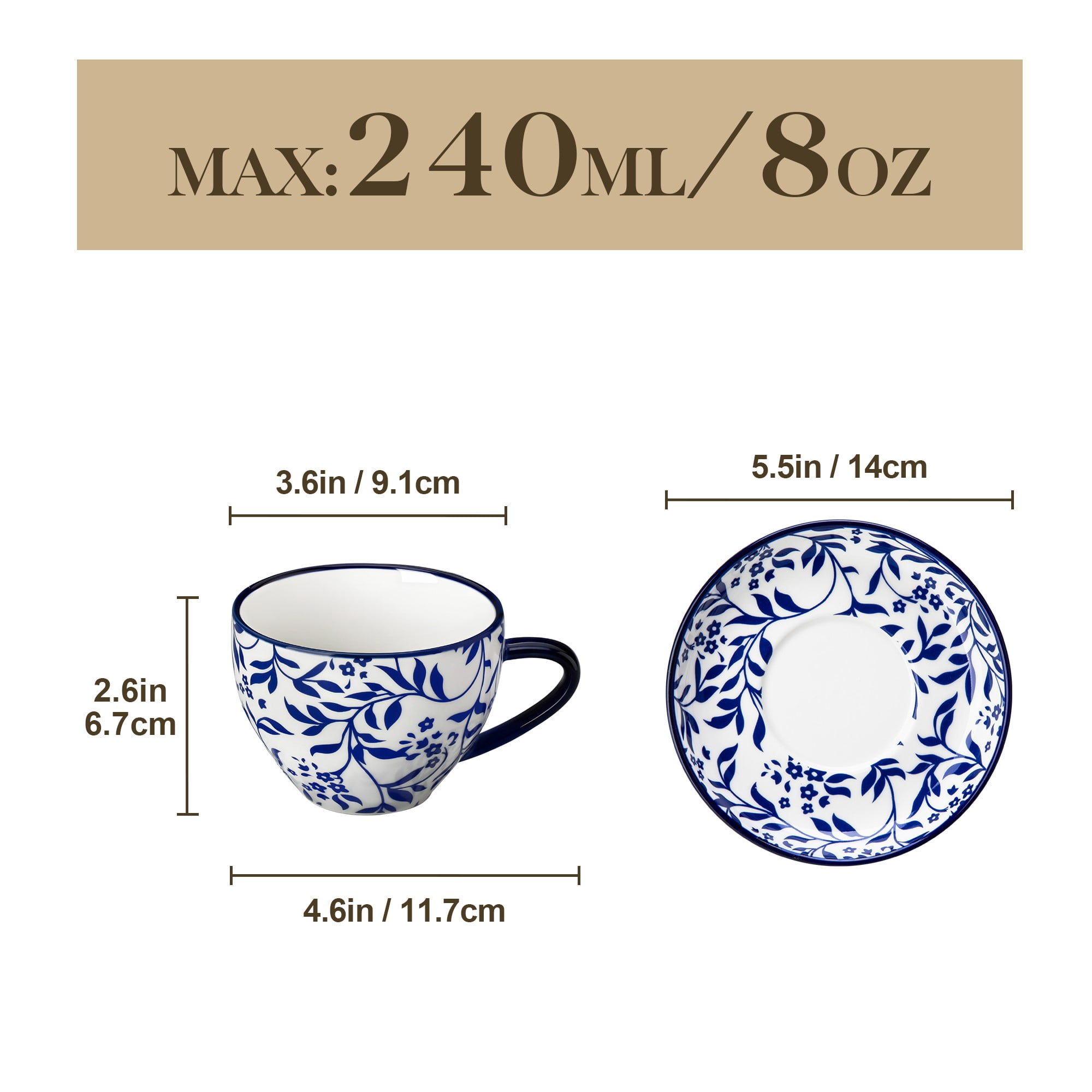 MALACASA 8 oz Coffee Mugs Set with Saucers , Ceramic Cappuccino Cups Set of 4, Latte Mugs with Beautiful Glaze for Tea, Espresso, Latte, Dishwasher Safe