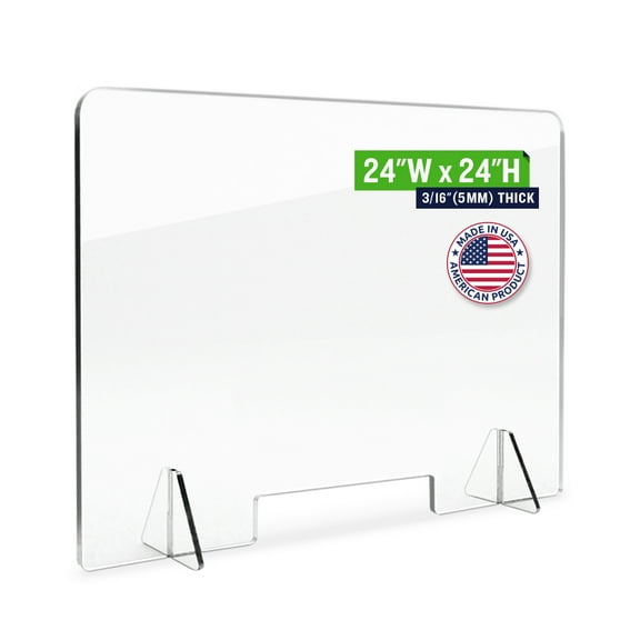 24"W x 24"H Sneeze Guard Countertop Plexiglass Shield. Portable Protection Barrier. Pass-Through Window 12"W x 3"H