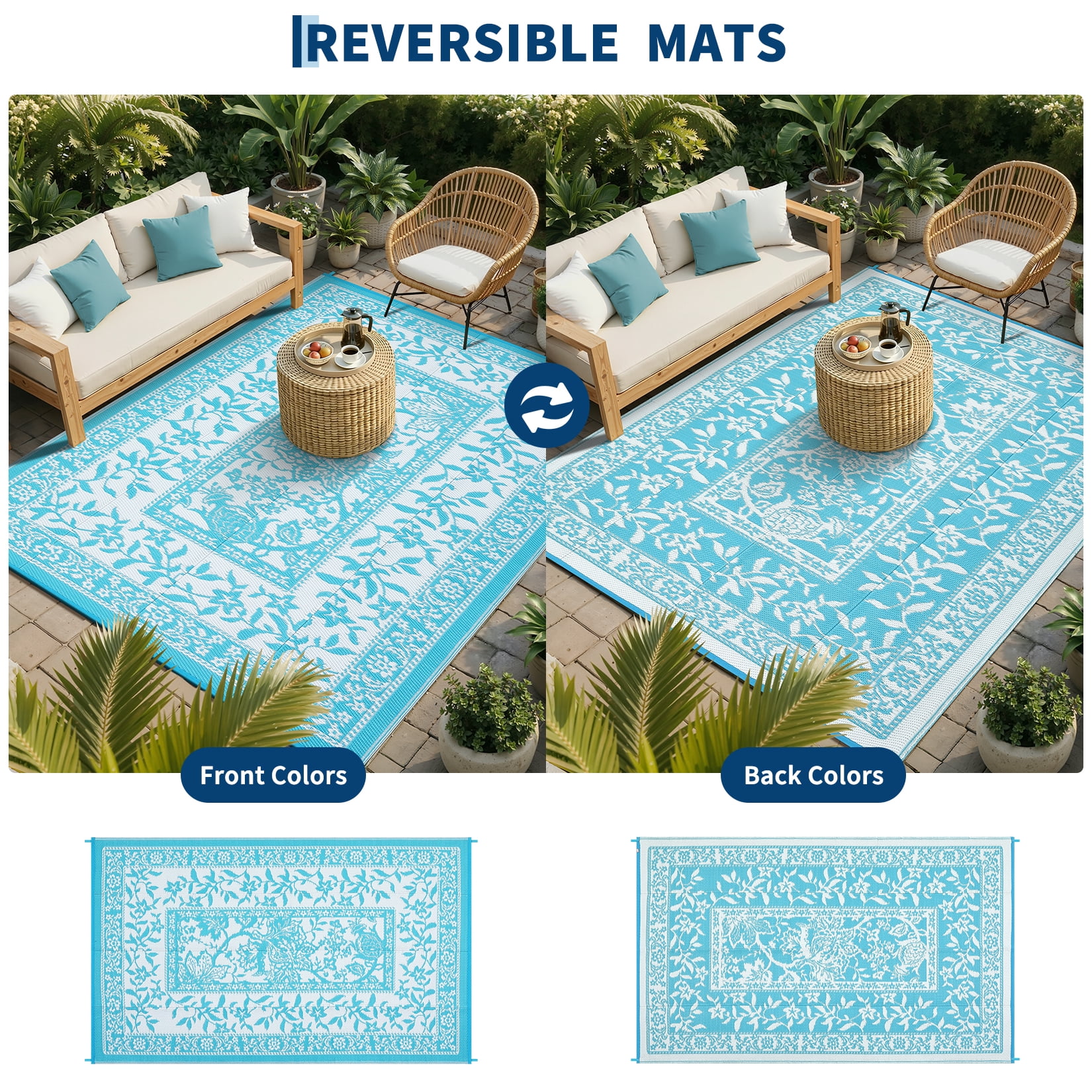 Garvee Outdoor Rug 8x10ft Waterproof Reversible Foldable Plastic Straw Rug, Modern Floral Border Outdoor Mat for Patio, Camping, RV, Deck, Porch, Balcony, Light Blue/White