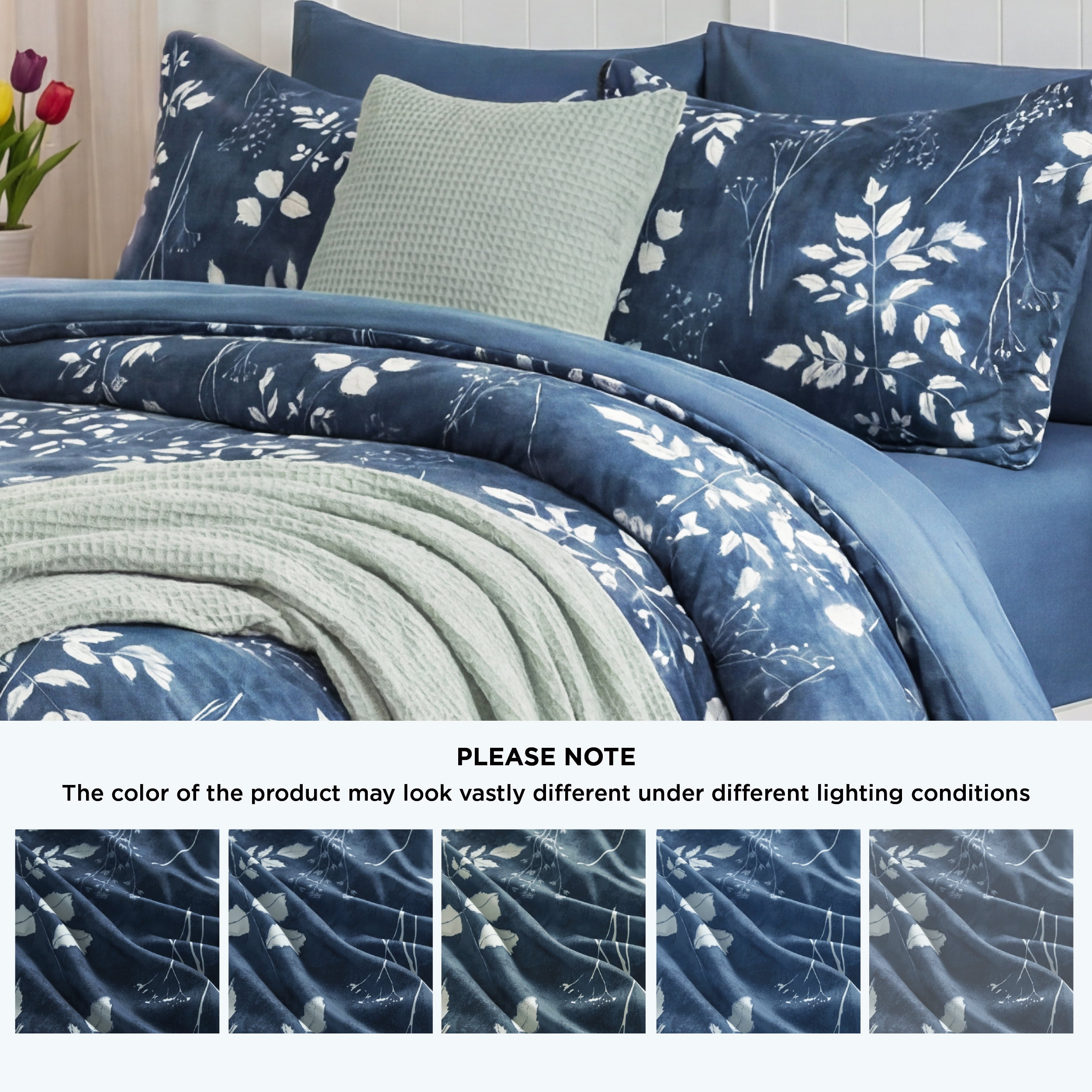 U by Bedsure Queen Comforter Set Navy, Bed in a Bag Queen Size Bedding, 7-Pieces Botanical Flowers Spring Comforter, Sheets, Pillowcases & Shams