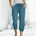 thumbnail image 3 of vigerkar Linen Capris for Women Summer Casual Loose Fit Cropped Pants Drawstring Elastic Waist Lounge Pant with Pockets Blue, L, 3 of 6