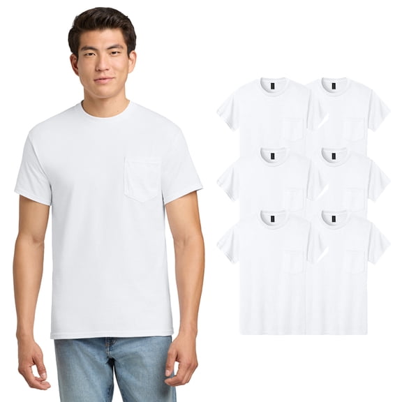 Gildan Ultra Cotton Short Sleeve Pocket T-Shirt, Soft Blank Shirt Men's Bulk Tee White 6-Pack, S