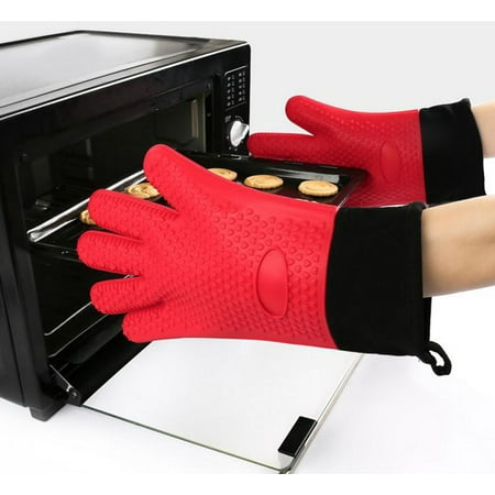 

XIAOFFENN Flat Mouth Lengthened Plus Cotton Silicone Gloves Thickened Microwave Oven Heat Insulation Five-finger Gloves