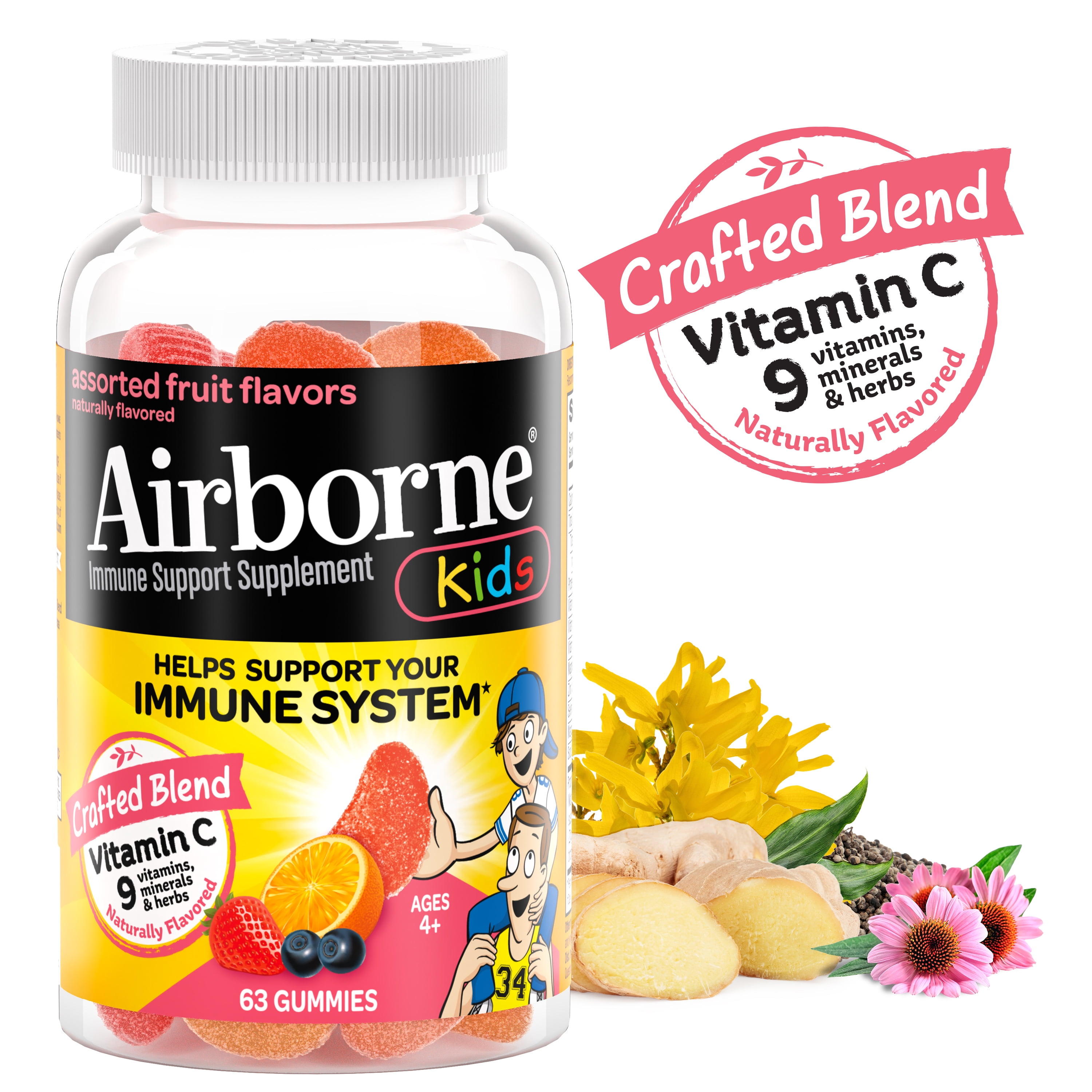 Airborne Kids Assorted Fruit Flavored Gummies, 63 count, 500mg of Vitamin C and Minerals & Herbs Immune Support