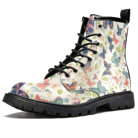 

Redveluv Aesthetic Leaves with Colorful Butterflies Printing Leather High Top Shoes Fashion Lace-up Combat Boots Ankle Booties for Women 7