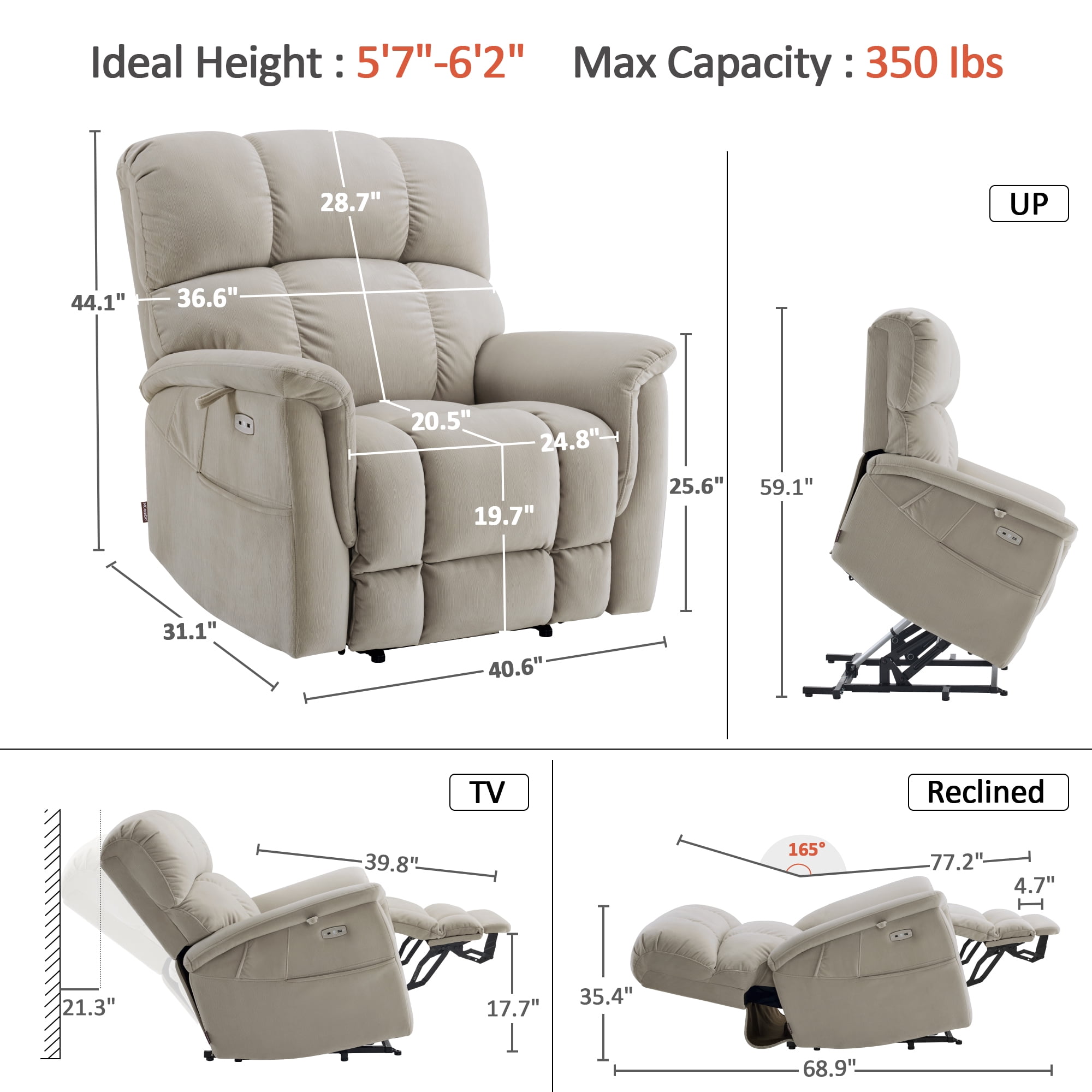 MCombo Oversized 24.8" Seat Width Large Dual Motor Power Recliner Lift Chair for Tall Elderly, Infinite Position, Beige Fabric