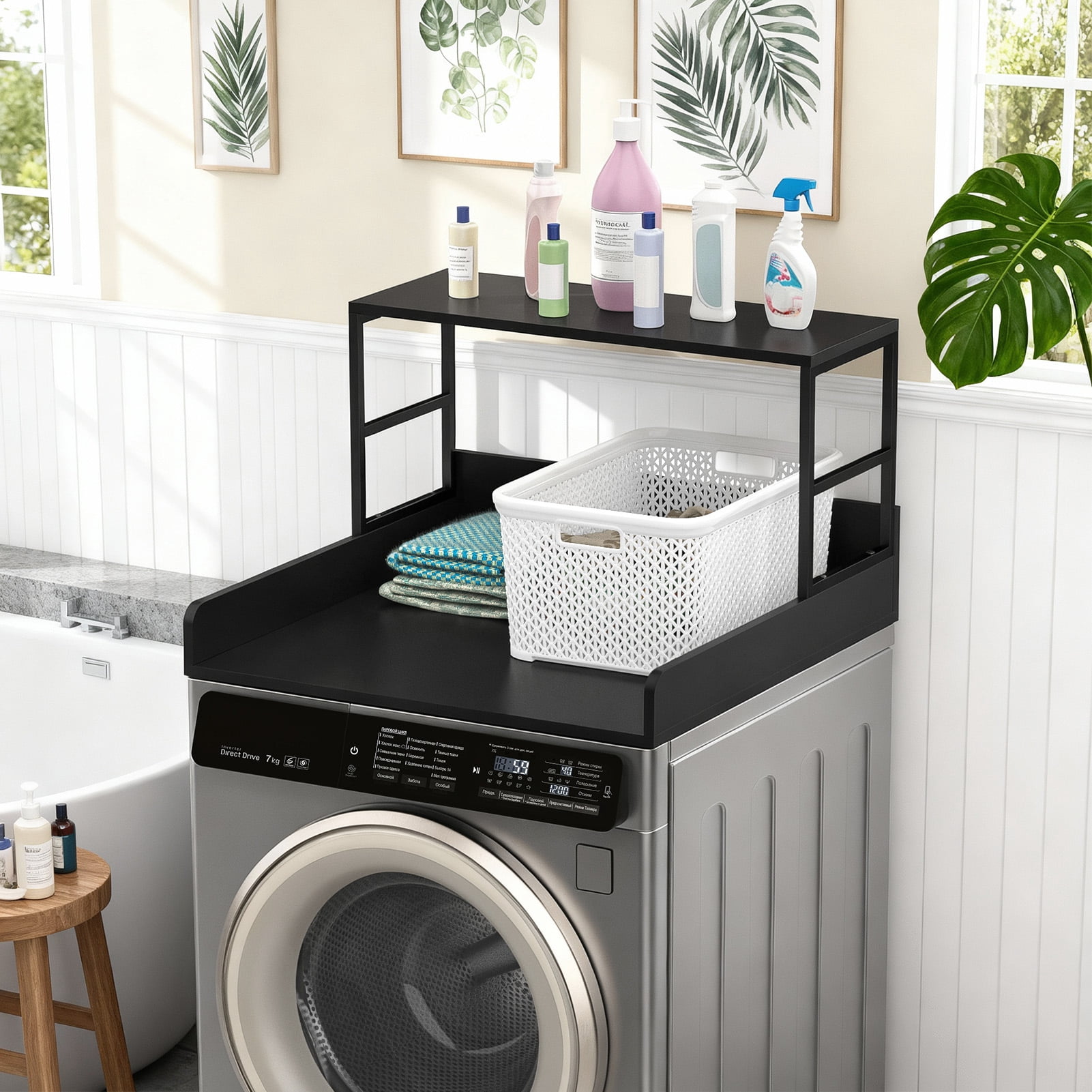 SHUO Y - 27.5" Washer Dryer Countertop with Shelf, 2-Tier Laundry Countertop, Washer Dryer Topper, Laundry Room Storage Organizer (with 3.0M Silicone Strip), Black