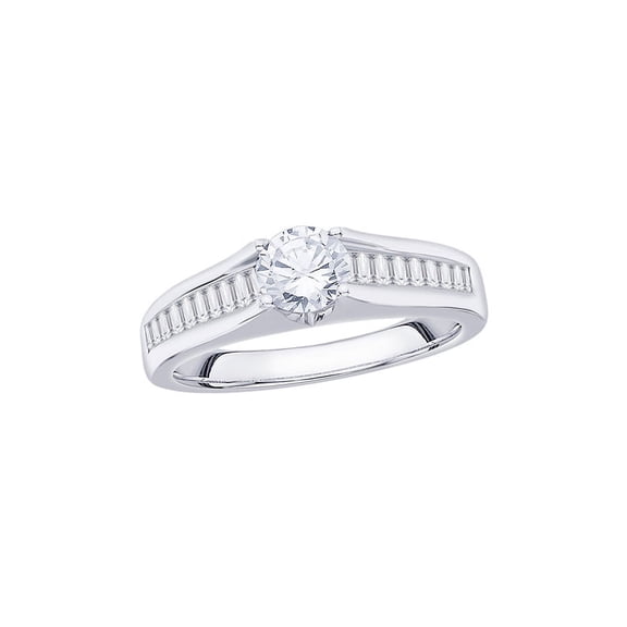 Prong Set Round and Baguette Cut Diamond Engagement Ring in 14K White Gold (1/5 cttw)