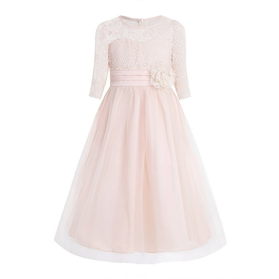 YONGHS Lace Flower Girl Dress for Kids Princess Wedding Party Formal Ball Gown Champagne 12