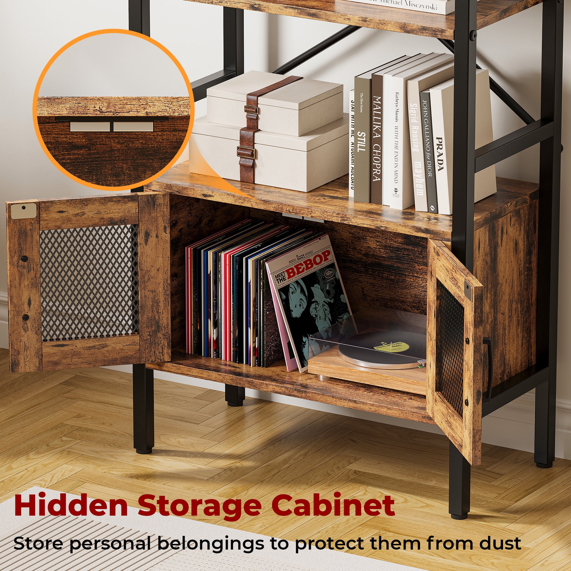 IRONCK 70.3" Tall Arched Bookshelf, 4-Tier Open Display Bookcases with Door Cabinet, Industrial Style Metal Storage Rack, Brown