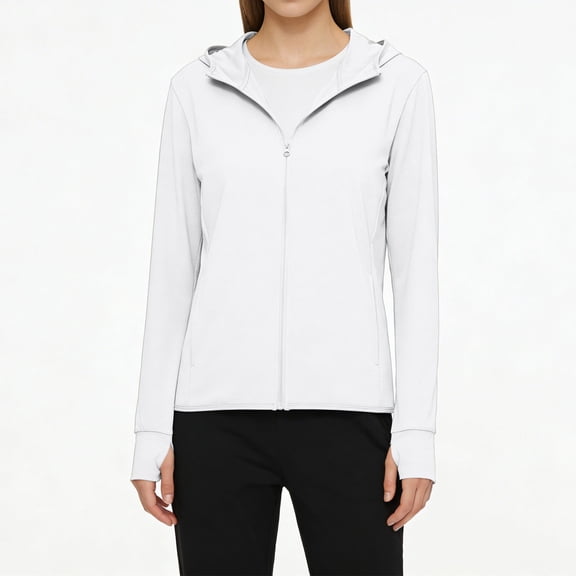 longantii Women's UPF 50 Sun Protection Hoodie Jacket Lightweight Long Sleeve Sun Shirt with Pocket & Thumb Holes Full Zip Up White XXXL