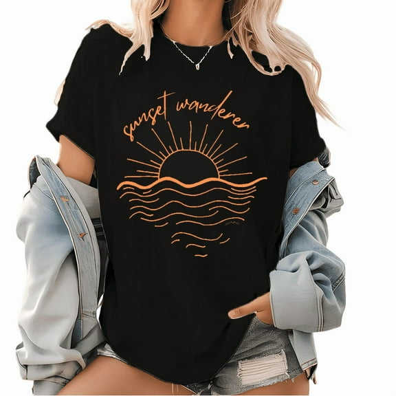 Trendy Beachy Sunset Graphic T Shirt Cute Summer Design Tees Short Sleeve Cotton Classy Cotton Graphic Tops Black,2XL