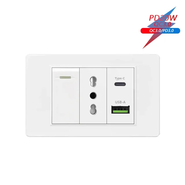 White Italy Chile Outlet with USB Smart Type-c Fast Charging,Dual USB Wall Socket Chile Plugs Plastic Panel Light Switch Sat TV
