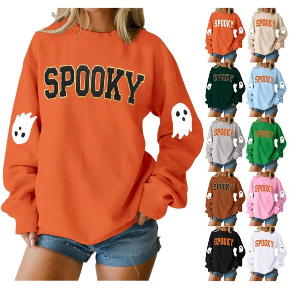 YVNAURA Women‘s Halloween Letter Print Sweatshirt Crewneck Long Sleeve Graphic Pullover Oversized Fall Casual Spooky Season T-Shirt Top for Party Daily Wear 1 Pack, Brick Red,L