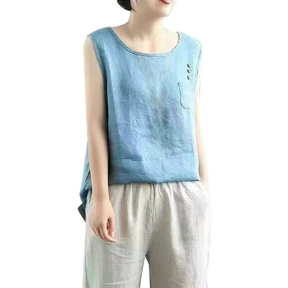 Women's Linen Blend Sleeveless Top Solid Color, Slim Fit, Round Neck, Versatile for Summer, Multiple Sizes