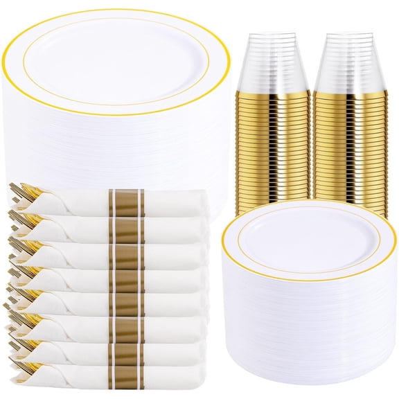 WELLIFE FESTIVE 350 Pcs Gold Plastic Dinnerware Set (50 Guests), 50 Dinner & Dessert Plates, 50 Pre‑Rolled Napkins with Gold Silverware, 50 Cups