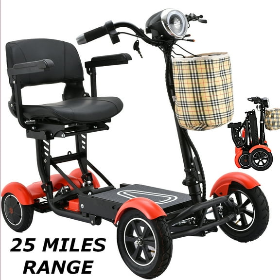 Long Range Bangeran Electric Medical Scooter 25 MILES, Powerful Li-on Battery Large Seat, Foldable Portable - Matte Red
