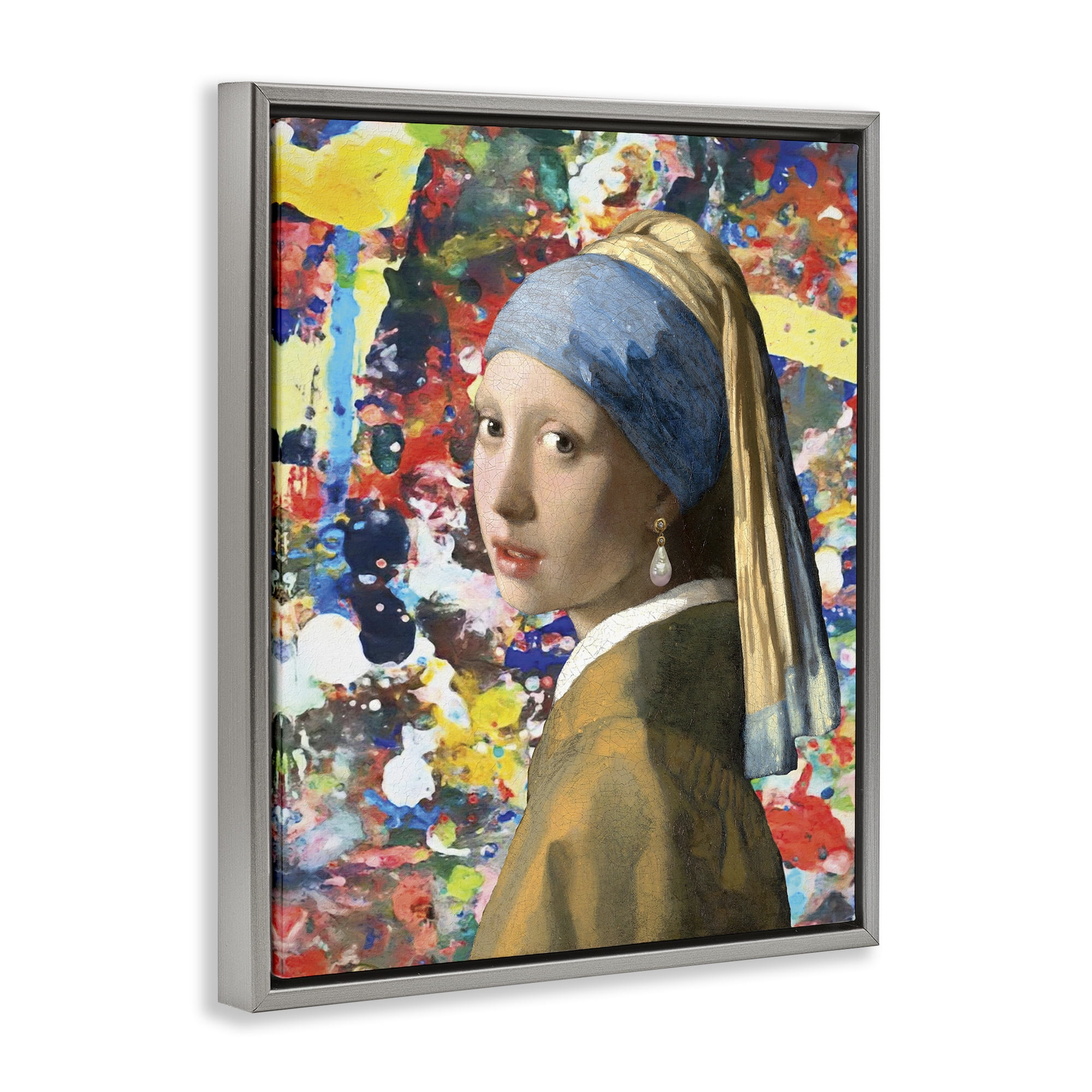 Stupell Industries Modern Splatter Iconic Pearl Earring Gray Framed Floater Canvas Wall Art, design by Grotto Studios