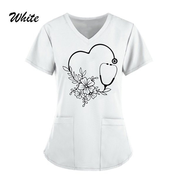 Mujeres Cuello V Enfermera Exfoliantes Uniformes Médicos Manga Corta Flor Impreso Bolsillo Tops Enfermería Camisas De Trabajo Ropa Femeninapangjing