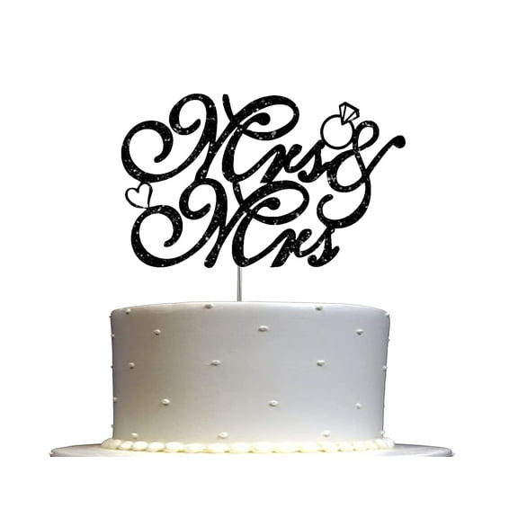 Mrs & Mrs Black Glitter Cake Topper, Wedding Party Decorations Ideas, Anniversary, Sturdy Doubled Sided Glitter, Acrylic Stick. Made in USA