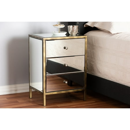 Baxton Studio Nouria Modern And Contemporary Hollywood Regency Glamour Style Mirrored 3 Drawer Nightstand Bedside Table