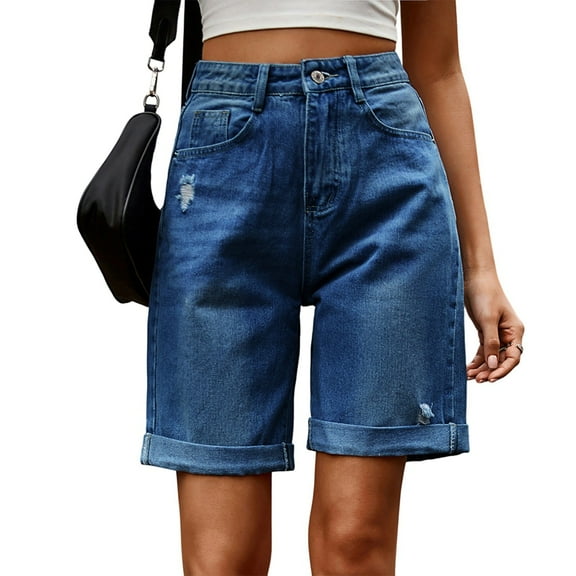 Womens Jean Shorts Knee Length Trendy Y2k High Waisted Wide Leg Casual Summer Shorts with Pockets Dark Blue M