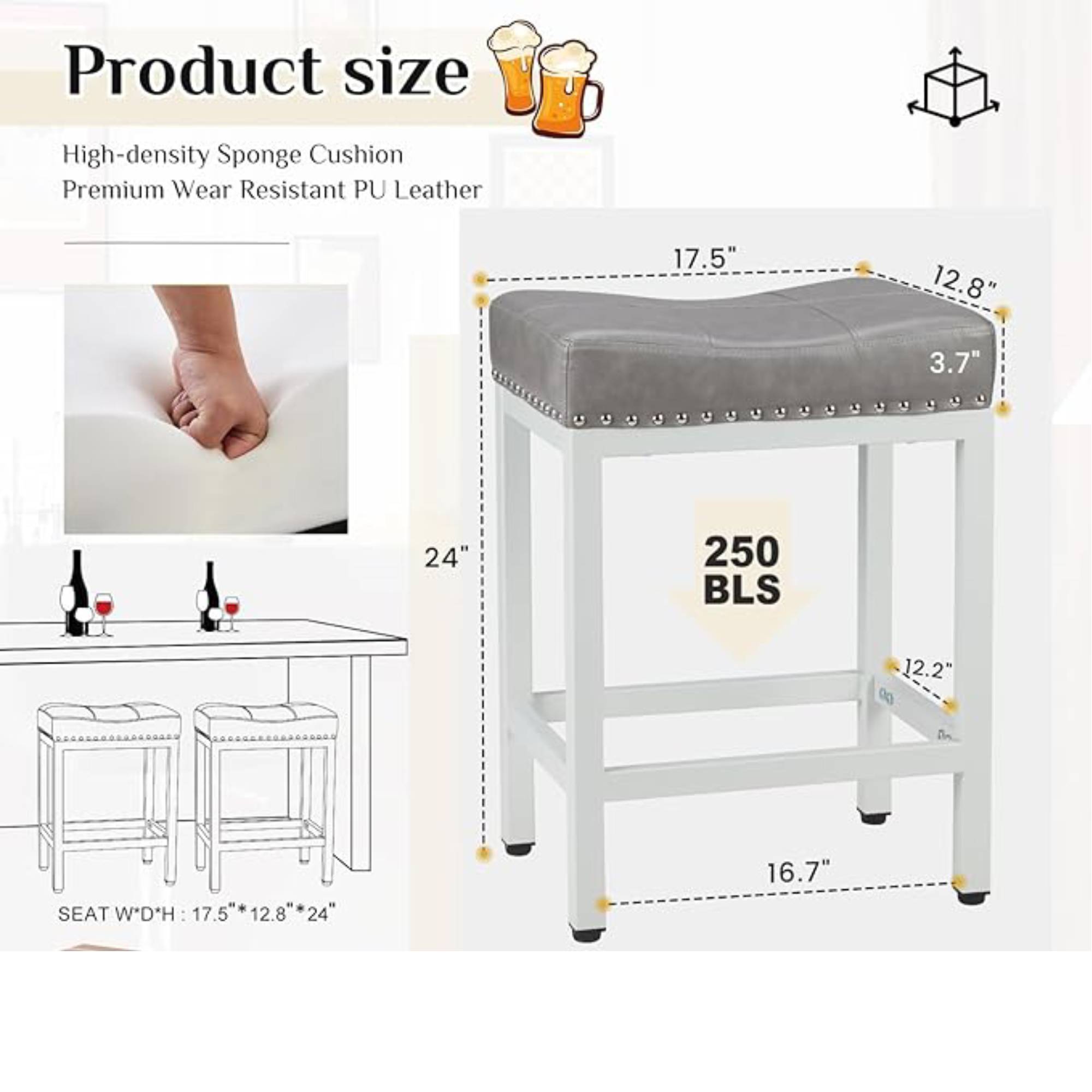 24 inch Saddle Bar Stools Set of 2 Leather Counter Height Bar Stools for Kitchen Island PU Sadless Stools Chair with Metal Footrest, Grey