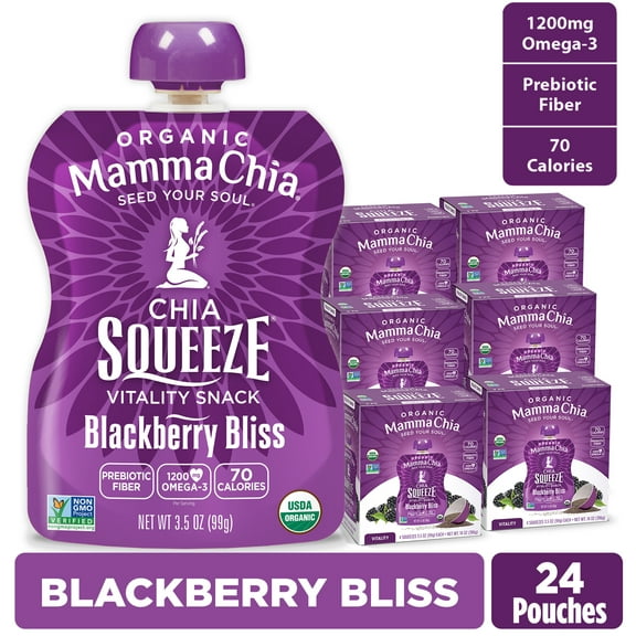 Mamma Chia Organic, Blackberry Bliss Chia Squeeze, 3.5 oz, 24 Count Pouches 6 Boxes of 4