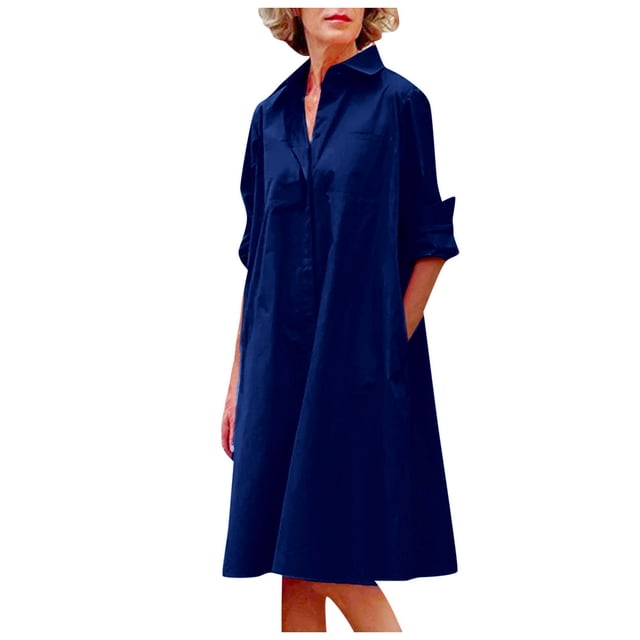 Vestido camisero largo con solapa y botones para mujer - Informal, color liso, primavera-verano, largo midi