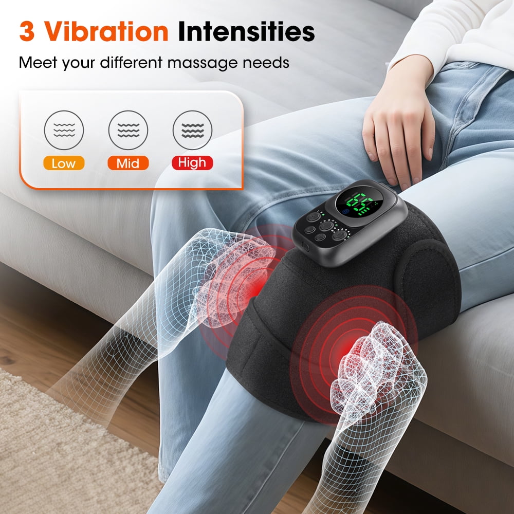 Cordless Heated Knee Massager, Portable 3-In-1 Heated Knee Elbow Shoulder Brace Wrap, 3 Vibrations and 6 Heating Modes Vibration Knee Heating Pad for Home Use (Black)