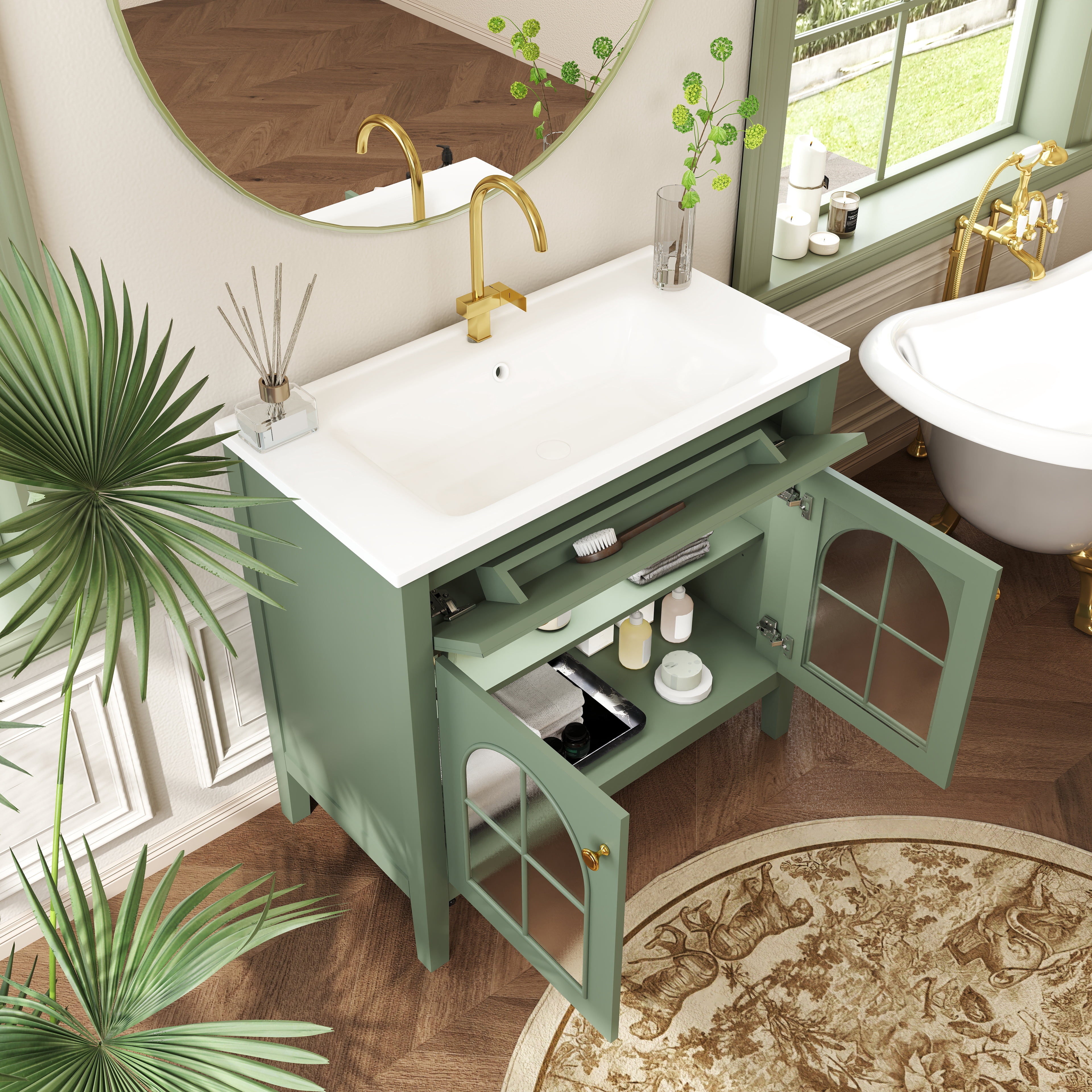 LiviNest Motion-Sensor Bathroom Vanity: 0-Second Auto-Light Medieval Vanity - Ample Storage for Apartment Bathrooms & Guest Powder Rooms - Green Freestanding Vanity with Patterned Glass