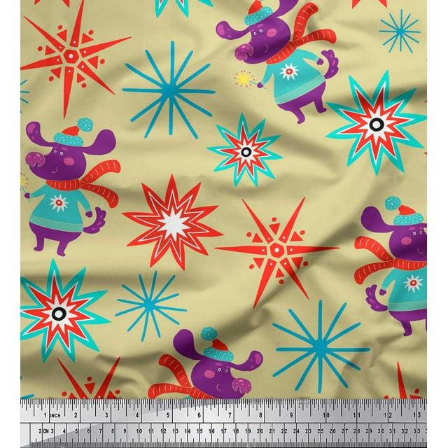 Soimoi Beige Poly Georgette Fabric Snowflake & Pig Kids Print Fabric by Yard 52 Inch Wide