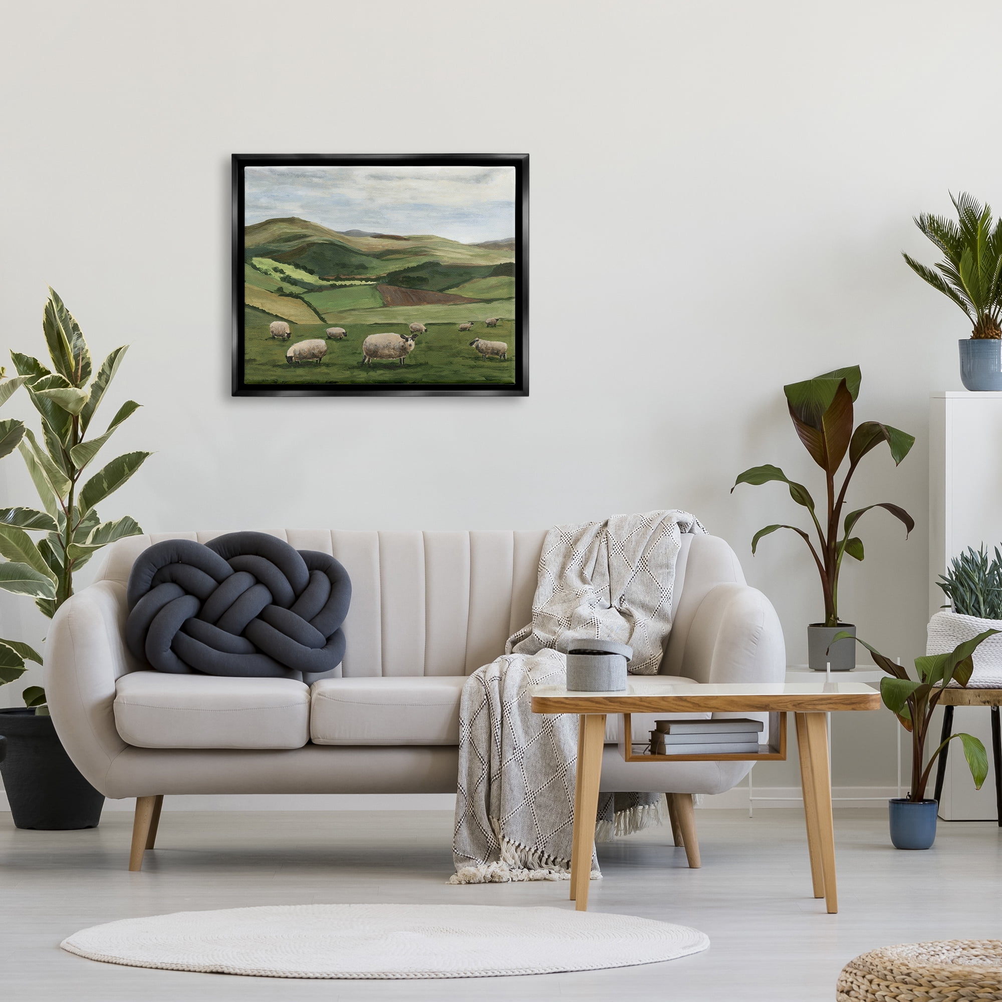 Stupell Industries Countryside Sheep Grazing Animals & Insects Painting Black Floater Framed Canvas Art Print Wall Art, 31 x 25