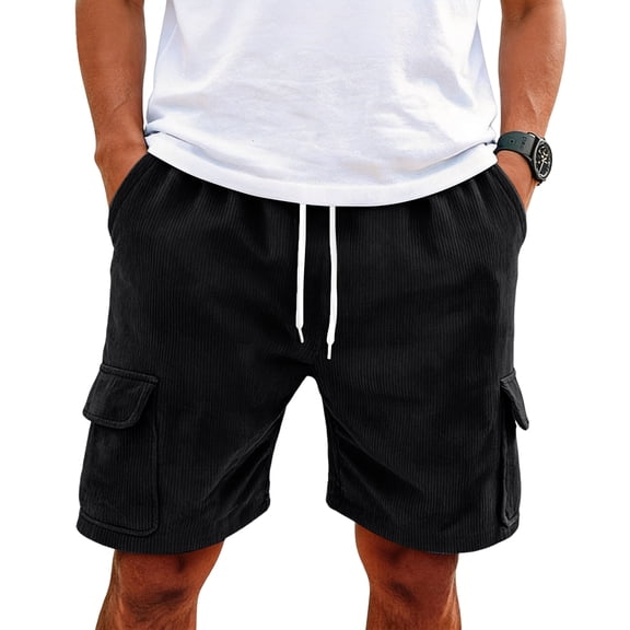 Men's Corduroy Shorts Casual Elastic Waist Drawstring Lightweight Cargo Shorts with Multi-Pockets Summer Beach Outfit Black L